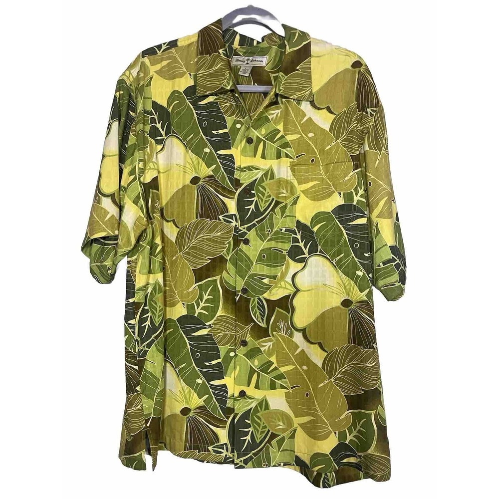 TOMMY BAHAMA 90s Vintage Sz Large Green Leaf/palm Pattern 100% Silk